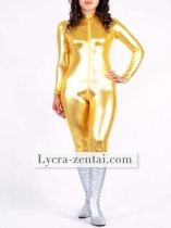 Front Zipper Yellow Shiny Metallic Zentai Suit