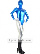 Blue Sliver And Black Shiny Metallic Zentai Suit